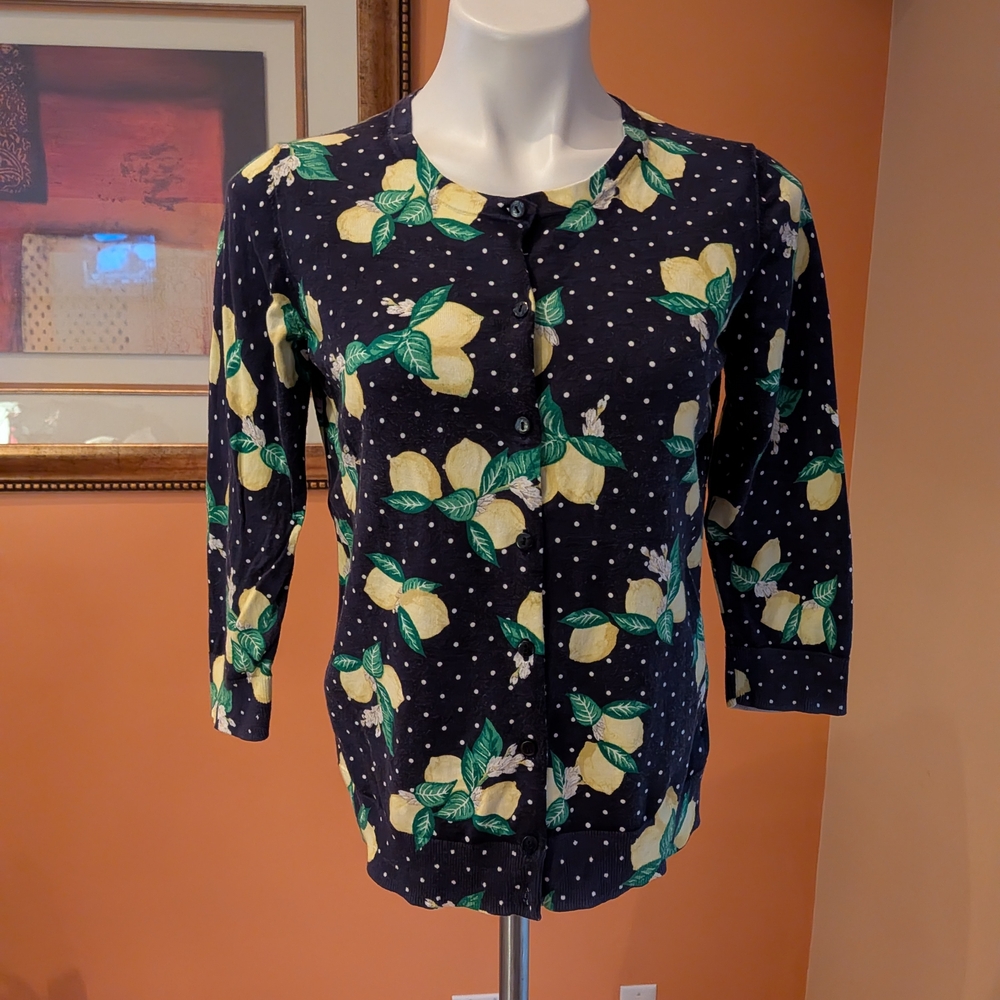 Talbots Navy Lemon Print Blouse